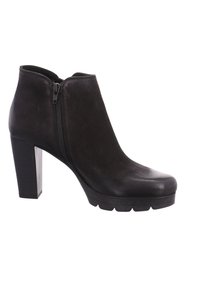 Botte cheville en cuir noir avec talon bloc et fermeture éclair latérale, dotée d'une semelle texturée pour une meilleure adhérence.