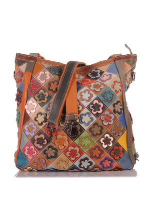 Multicolored leather tote bag with patchwork diamond pattern and stitched flower appliqués, featuring brown and orange shoulder straps.
