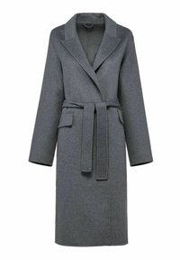 Szary płaszcz z wełny z mieszanką włókien, z kołnierzem typu szal, długimi rękawami, paskiem wiązanym w talii oraz kieszeniami po bokach. Gładka faktura z wyrafinowanym krojem.