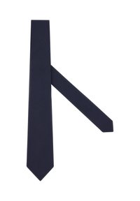 Cravate bleu marine avec une texture lisse, une forme allongée et des pointes. Présente un motif tissé subtil pour plus de détails.