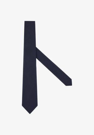 Cravate bleu marine avec une texture lisse, une forme allongée et des pointes. Présente un motif tissé subtil pour plus de détails.