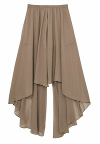 Gonna avvolgente beige con un design fluido. Caratterizzata da una vita elastica e un orlo asimmetrico, conferisce un aspetto stratificato e leggero.