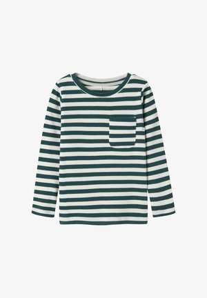 Langärmliges gestreiftes Hemd in Dunkelgrün und Weiß, mit Rundhalsausschnitt und einer Brusttasche mit geripptem Muster.