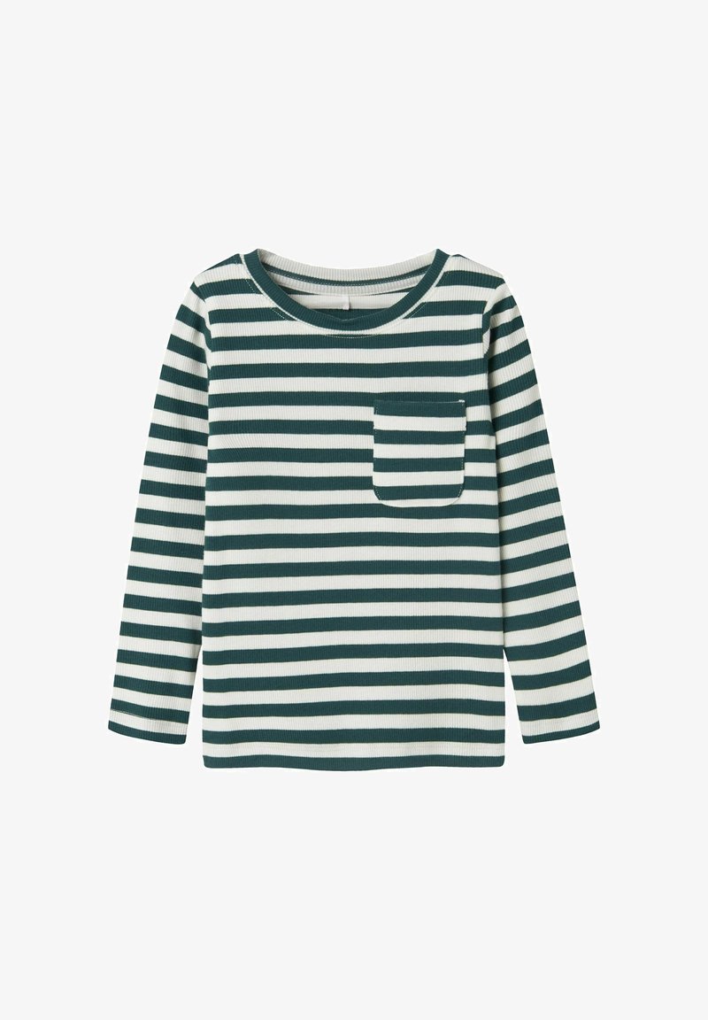 Langärmliges gestreiftes Hemd in Dunkelgrün und Weiß, mit Rundhalsausschnitt und einer Brusttasche mit geripptem Muster.