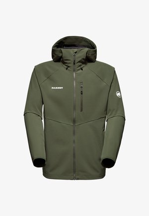 Grøn softshell-jakke med lynlås foran og sidelommer, der har høj krave, justerbar hætte og logo på brystet og ærmet.