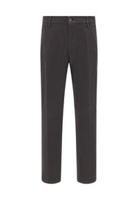 Donkergrijze chino's van een katoenmix, met een knoopsluiting, rechte pasvorm, zijzakken en een gladde textuur.