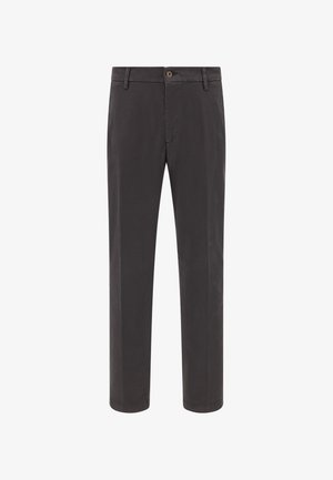 Dunkelgraue Chinos aus Baumwollmischung mit Knopfverschluss, geradem Schnitt, Seitentaschen und glatter Textur.