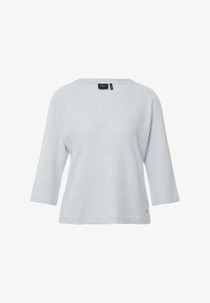 Jasnoszary sweter dziany o fakturze, z rękawami do ćwiartki i okrągłym dekoltem, z małą metką marki blisko brzegu.