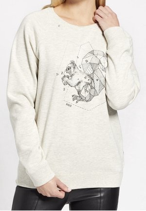 Lysegrå sweatshirt med en minimalistisk sort egernillustration. Har raglanærmer og ribbede manchetter, hvilket giver en afslappet pasform.