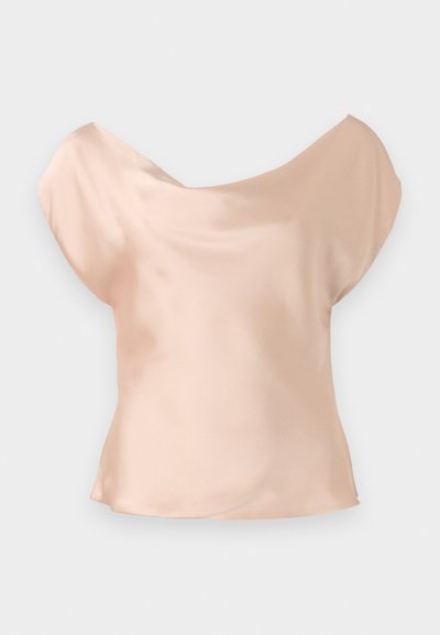 Satin blush top featuring a wide, draped neckline and short sleeves, with a smooth texture and relaxed fit.