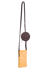 Crossbody bag with a soft, orange faux fur body, brown leather strap, and a round leather coin pouch attached by a zipper.