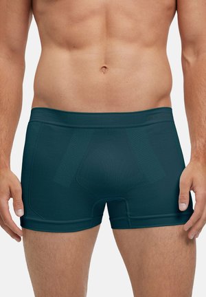 Busto e parte superiore delle gambe di un uomo che indossa boxer aderenti di colore verde acqua scuro, in piedi davanti a uno sfondo chiaro e uniforme.