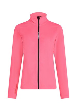 Ružová fleecová bunda s vysokým golierom, čiernym zipsom, dlhými rukávmi a logom Polartec na rukáve.