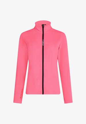 Roosa fliisjakk kõrge kaelusega, musta lukuga, pikkade varrukatega ja Polartec logo varrukal.