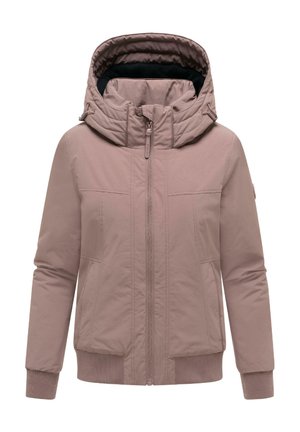 Hellbraune gesteppte Jacke mit Kapuze, Frontreißverschluss, Seitentaschen sowie gerippten Bündchen und Saum, dargestellt vor weißem Hintergrund.