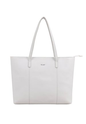 Witte leren shopper met twee schouderbanden en een bovenste ritssluiting, met subtiele verticale stiksels en een klein metalen logo.