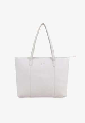 White leather tote bag with two shoulder straps and a top zipper closure, featuring subtle vertical stitching and a small metal logo.