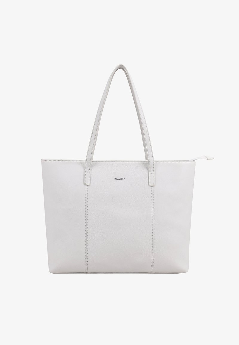 Witte leren shopper met twee schouderbanden en een bovenste ritssluiting, met subtiele verticale stiksels en een klein metalen logo.