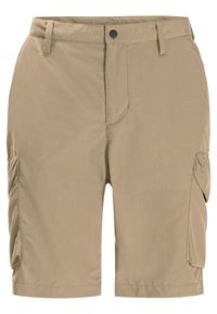 Khaki cargo shorts i mjukt tyg; har sidofickor, bältesöglor och en knäppning i midjan, designade för funktionalitet.