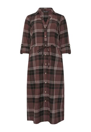 Braun-schwarz kariertes Midikleid mit durchgehender Knopfleiste, dreiviertellangen Ärmeln mit Knopflaschen, Kragen und Taillengürtel.