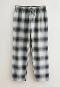 Szare i białe spodnie dresowe w kratę, z elastycznym pasem i sznurkiem do regulacji. Lekka, luźna sylwetka, długość do kostek.