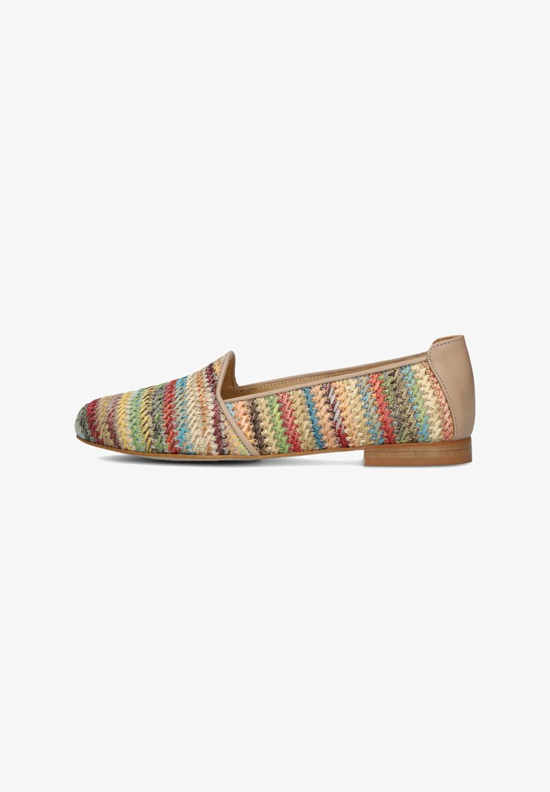 Braided slip-on shoe featuring multicolored woven patterns. Smooth beige leather accents and a low wooden heel.