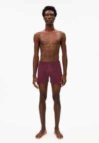 Boxer da uomo color bordeaux con vita elastica, realizzati in un tessuto liscio, indossati da una figura maschile in piedi su uno sfondo semplice.