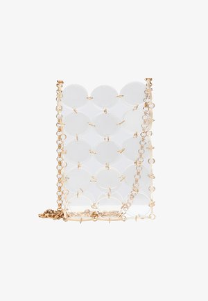 Heldere plastic handtas met ronde panelen, gouden kettingaccenten en een gestructureerde vorm. Bevat een gouden hardware detail en een textuurafwerking.