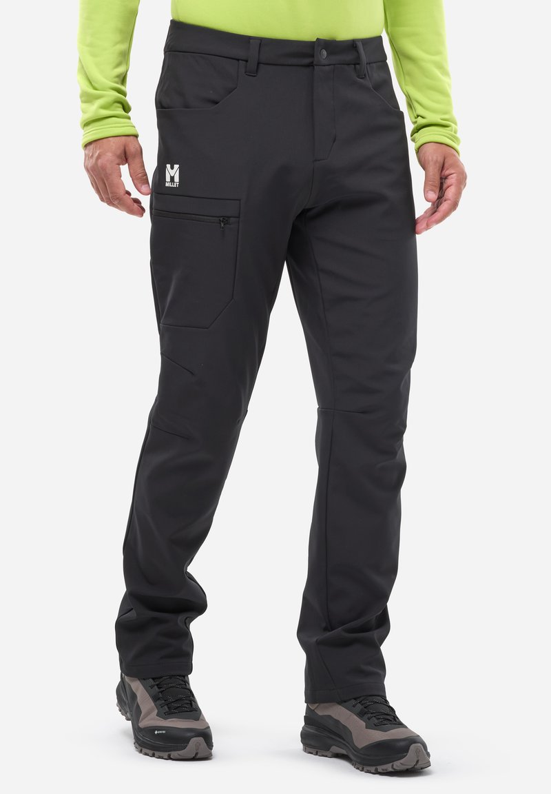 Pantalon softshell noir à coupe slim, doté d'une poche zippée, de coutures renforcées et d'un tissu durable et résistant à l'eau.