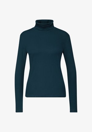 Ciemnozielony golf z prążkowanego materiału, z długimi rękawami i dopasowanym krojem. Gładka faktura, bez ozdób.