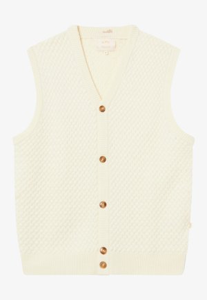 Cremfarbener gestrickter Weste mit einem strukturierten Rautenmuster, V-Ausschnitt, gerippter Säume und sieben braunen Knöpfen auf der Vorderseite.