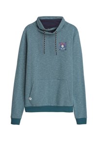 Teal gestreepte hoodie met een hoge kraag, voorzien van een grafische patch, voorzak en trekkoordaccenten. Katoenmengsel met geribde manchetten.
