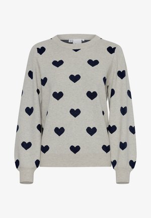 Heled hall kampsärg, millel on tumesinised südame mustrid, ümmargune kaelus, pikad varrukad ja soonikustatud mansetid. Pehme tekstuur ja ülepea tõmmatav disain.