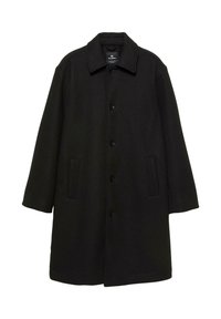 Schwarzer Wollmischungs-Park mit Kragen, Vorderknöpfen und Seitentaschen. Verfügt über einen geraden Schnitt und lange Ärmel.