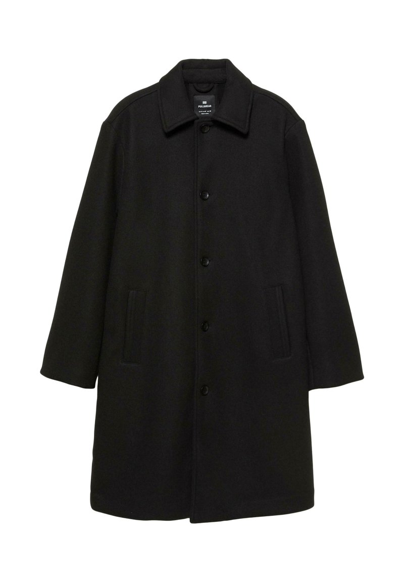 Schwarzer Wollmischungs-Park mit Kragen, Vorderknöpfen und Seitentaschen. Verfügt über einen geraden Schnitt und lange Ärmel.