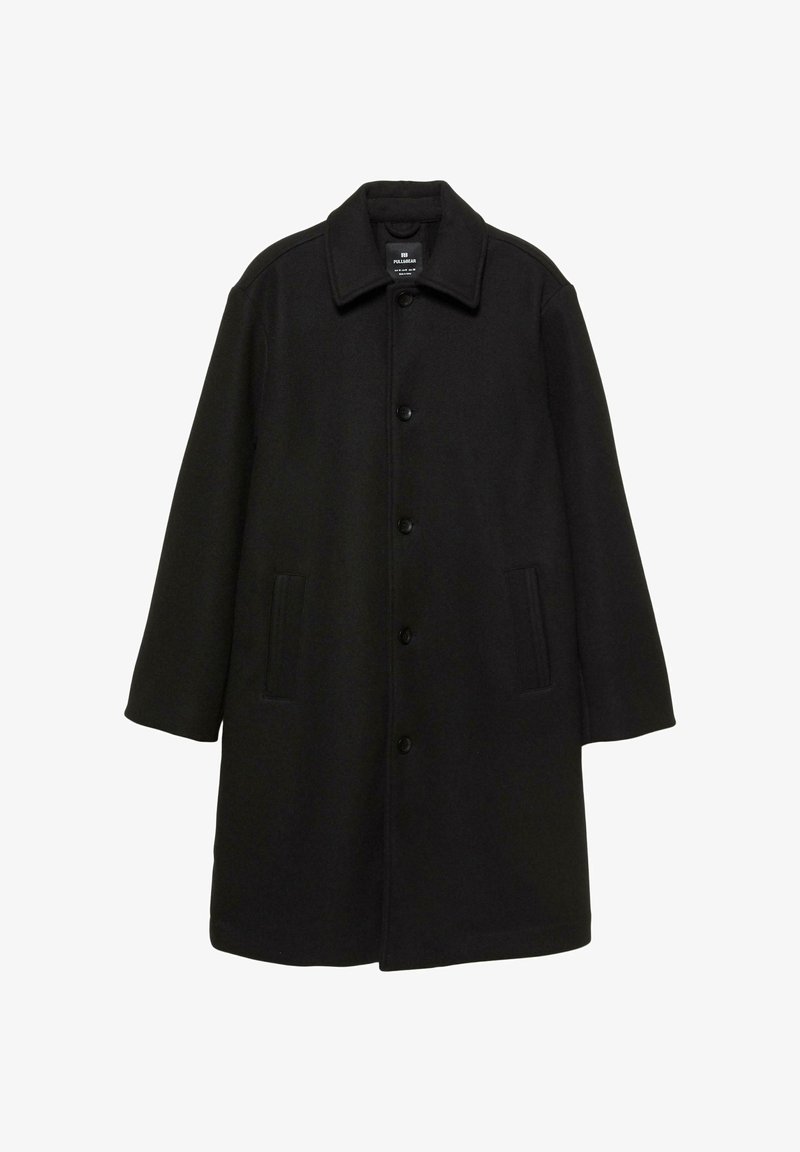 Schwarzer Wollmischungs-Park mit Kragen, Vorderknöpfen und Seitentaschen. Verfügt über einen geraden Schnitt und lange Ärmel.