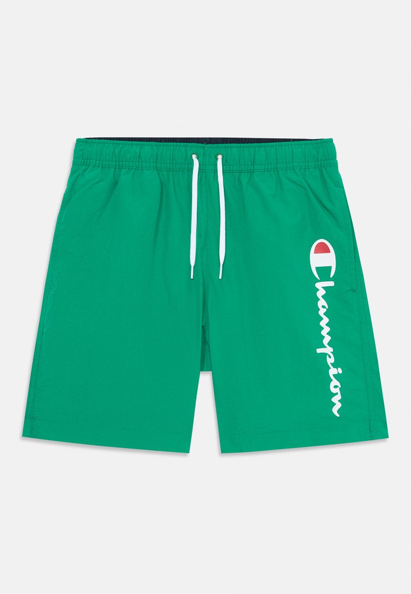 Zelené plavkové šortky vyrobené z ľahkého materiálu, s elastickým pásom a šnúrkou, pričom na boku je biele logo "Champion".