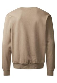 Sweat-shirt beige à manches longues avec col rond, poignets et ourlet côtelés, vu de dos sur fond blanc.