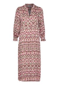 Long, patterned dress with a v-neck and gathered long sleeves. Features pink, green, and cream colors in a geometric design. Lightweight fabric.