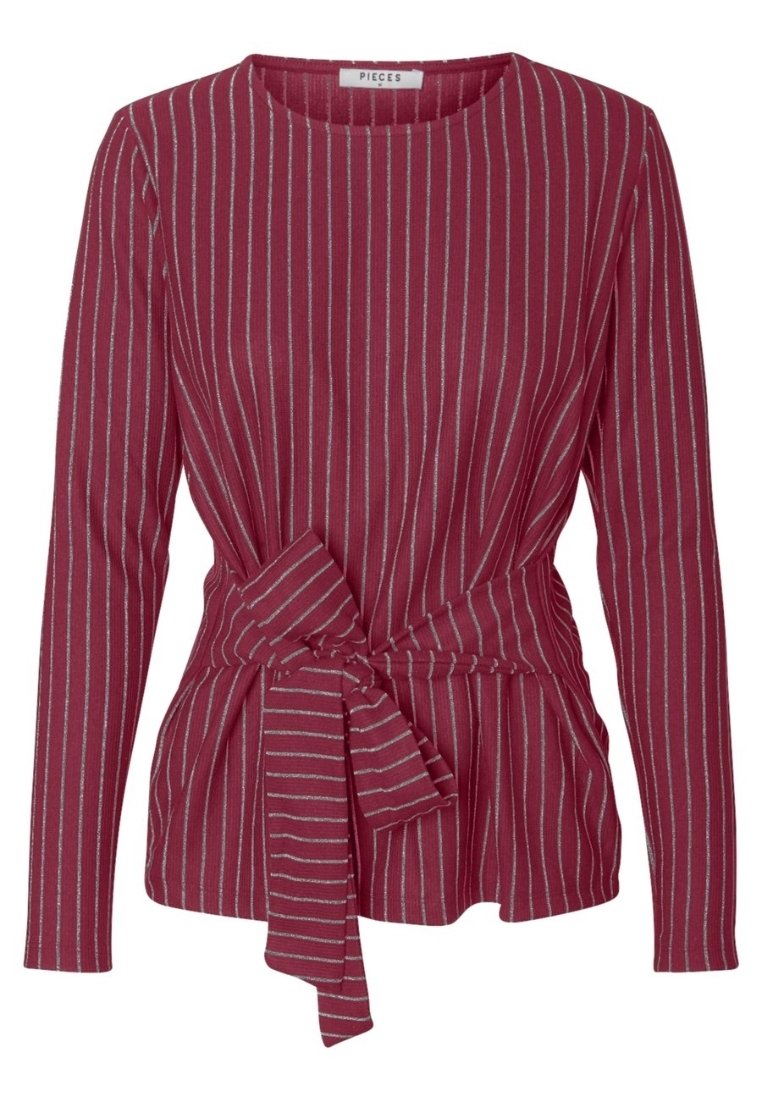 Red long-sleeve top with silver vertical stripes, a round neckline, and a tied waist detail, featuring a textured, soft fabric.
