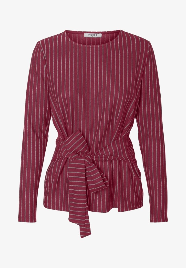 Red long-sleeve top with silver vertical stripes, a round neckline, and a tied waist detail, featuring a textured, soft fabric.