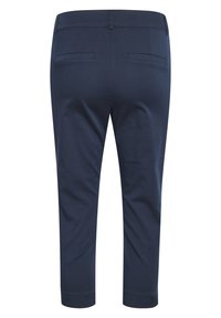 Marineblauwe cropped broek, gladde stof, op maat gemaakt ontwerp, met twee achterzakken en een omgeslagen zoom aan de enkels.