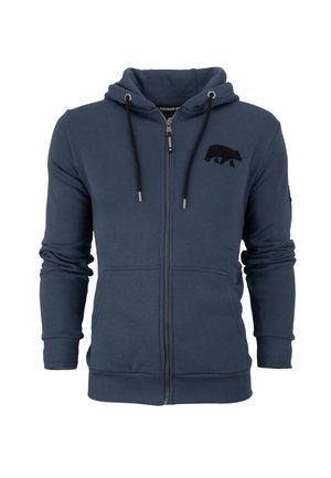 Felpa con zip color navy realizzata in materiale felpato, con un'emblema di orso nero sul petto, cappuccio regolabile con coulisse e polsini a coste.