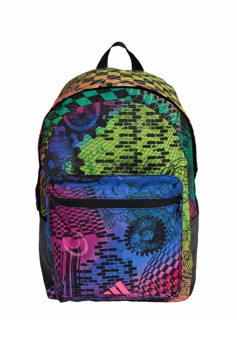 Flerfärgad ryggsäck med livfulla geometriska mönster. Tillverkad av slitstark tyg med en framficka med dragkedja och ett handtag på toppen för enkel bärning.