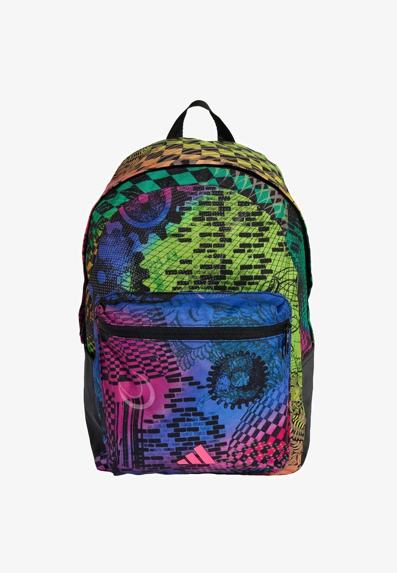 Flerfärgad ryggsäck med livfulla geometriska mönster. Tillverkad av slitstark tyg med en framficka med dragkedja och ett handtag på toppen för enkel bärning.