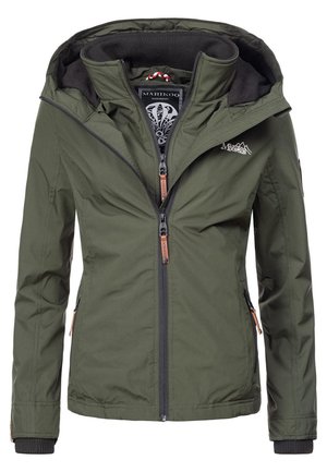 Green weatherproof jacket with a hood, zippered front, two side pockets, and contrasting black lining. Features embroidered logo on chest.