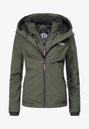 Žalias orui atsparus švarkas su kapišonu, zipų priekyje, dviem šoninėm kišenėm ir kontrastinga juoda pamušalu. Yra išsiuvinėtas logotipas ant krūtinės.