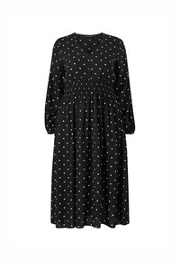 Schwarzes Kleid mit weißen Polka-Dots, V-Ausschnitt, langen Ärmeln, gerafftem Taillenbereich und einem fließenden Rock. Aus weichem Stoff mit leichter Textur gefertigt.