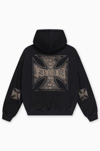 Black hoodie with a large central graphic featuring a cross and text. Includes smaller graphics on sleeves. Made from soft fabric, relaxed fit.