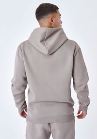 Sudadera con capucha de color gris claro, con puños y dobladillo acanalados, que presenta un corte relajado y una textura suave. Detalle de costura visible en la parte trasera.